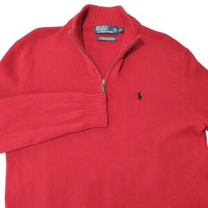 Polo Ralph Lauren 1/4 Zip Sweater Men's Large Red 100% Cotton Knit Cottagecore